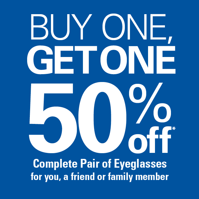 Buy one pair of eyeglasses, get another for 50% off